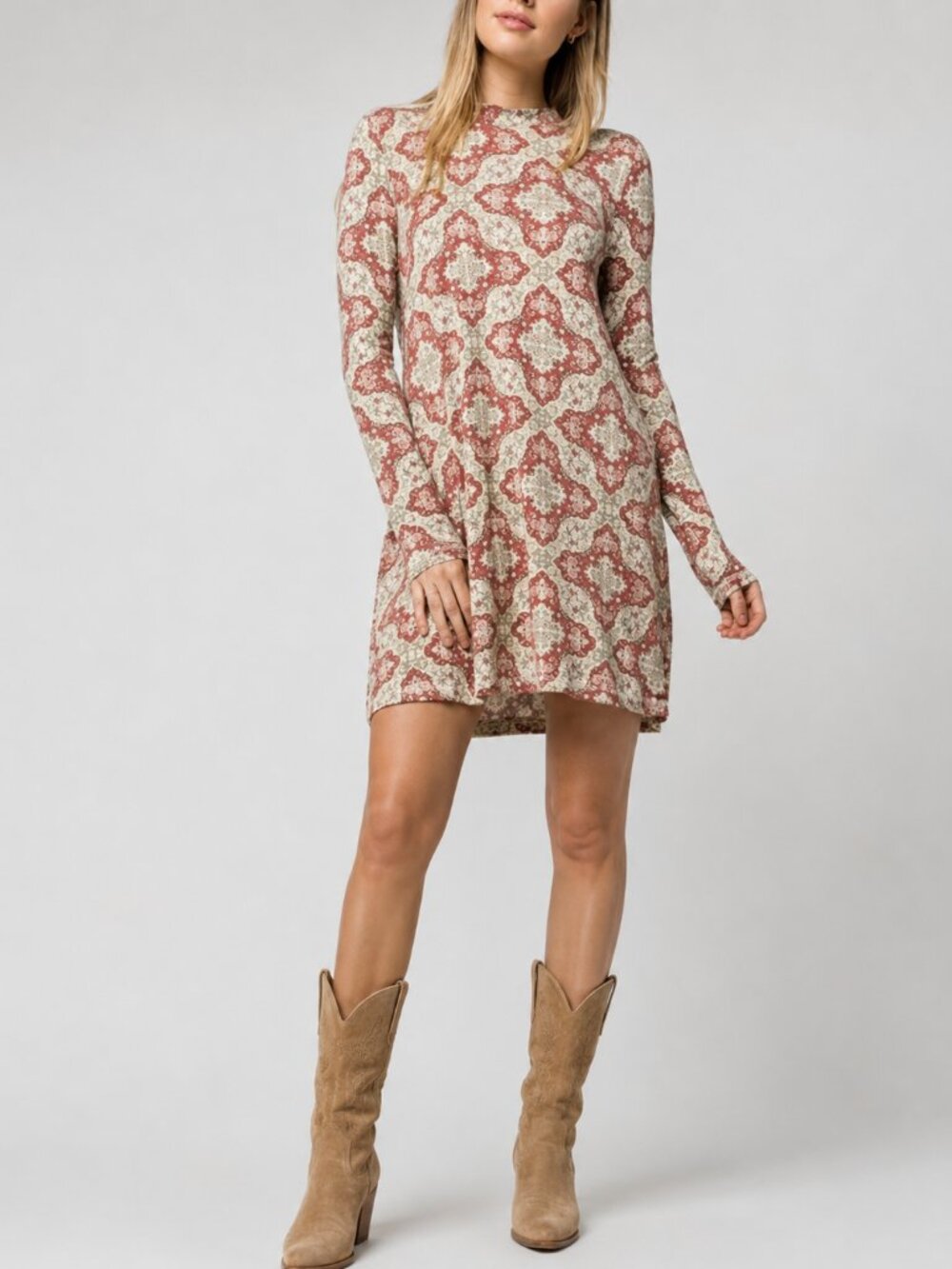 O'Neill Cream Red Boho Geometric Print Long Sleeve Fall Mini Dress XS